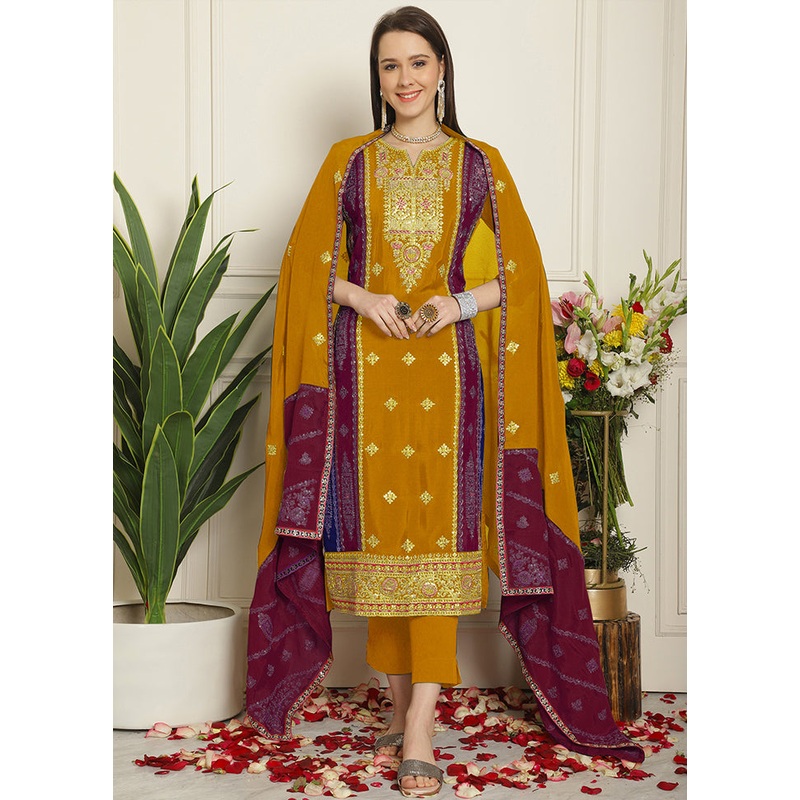 3 Pc Mustard Unstitched Silk Suit Set - JD986607273