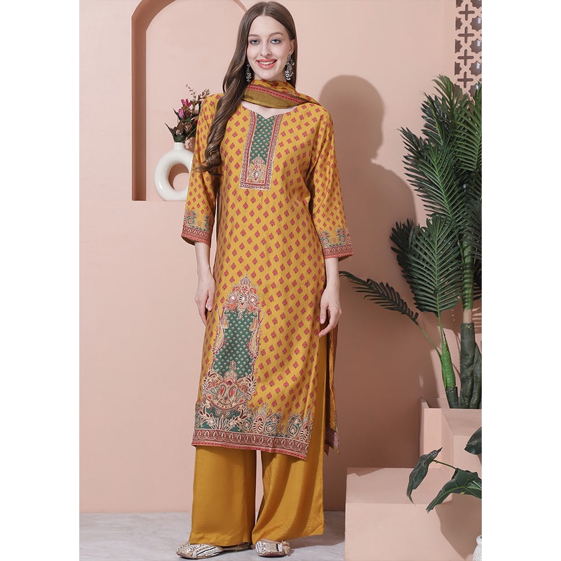 3 Pc Mustard Unstitched Silk Suit Set - JD986607274