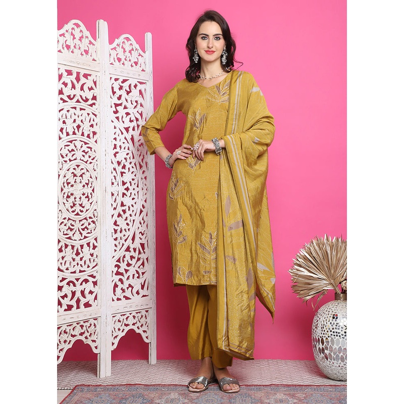 3 Pc Mustard Unstitched Silk Suit Set - JD986607276
