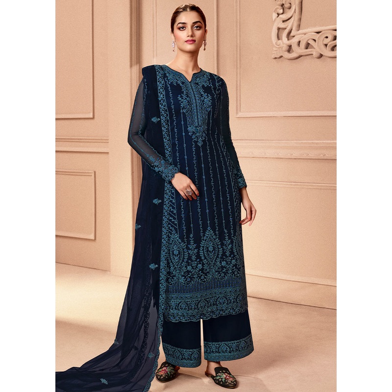 3 Pc Navy Blue Unstitched Net Suit Set - JD986607278