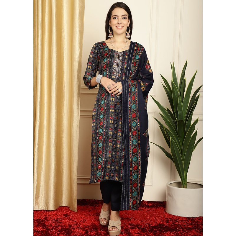 3 Pc Navy Blue Unstitched Pashmina Suit Set - JD986607279