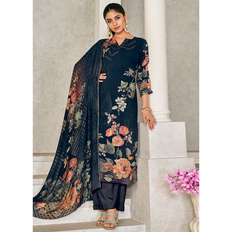 3 Pc Navy Blue Unstitched Pashmina Suit Set - JD986607281