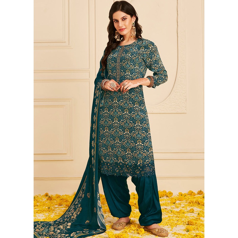 3 Pc Navy Blue Unstitched Pure Silk Suit Set - JD986607280