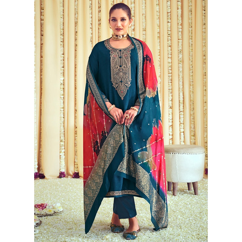 3 Pc Navy Blue Unstitched Pure Silk Suit Set - JD986607282