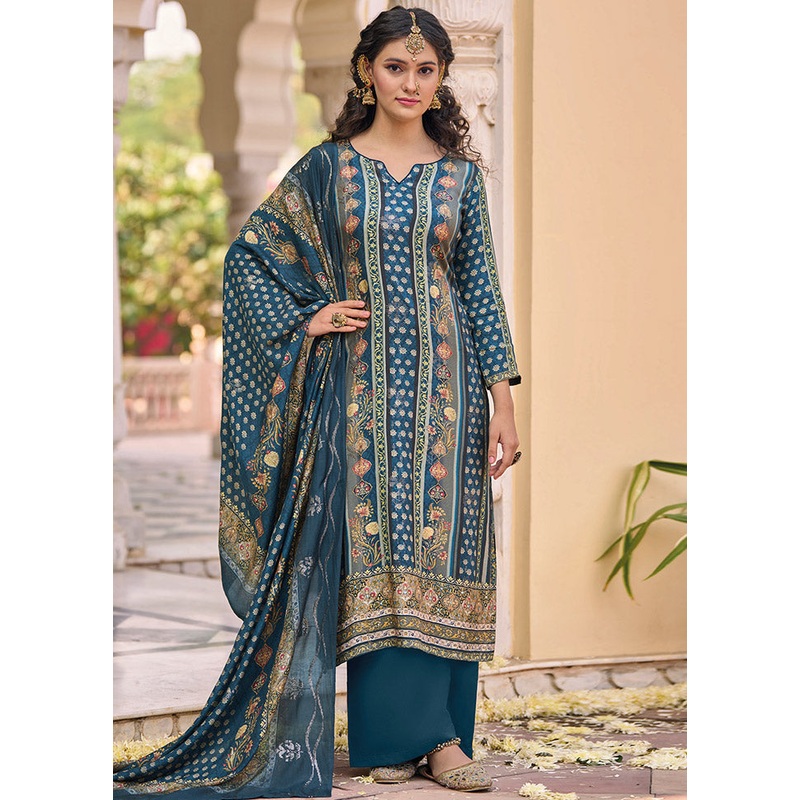 3 Pc Navy Blue Unstitched Silk Suit Set - JD986607283