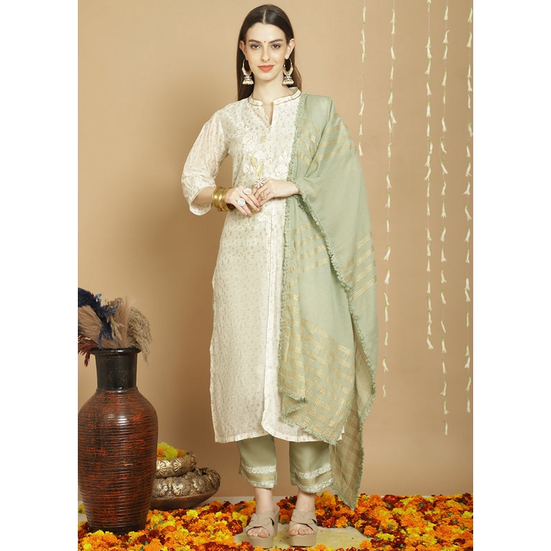3 Pc Off White Unstitched Chanderi Suit Set - JD986607291
