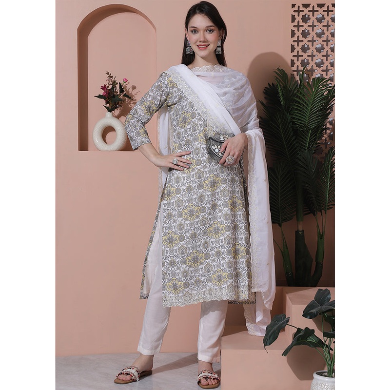 3 Pc Off White Unstitched Cotton Suit Set - JD986607293