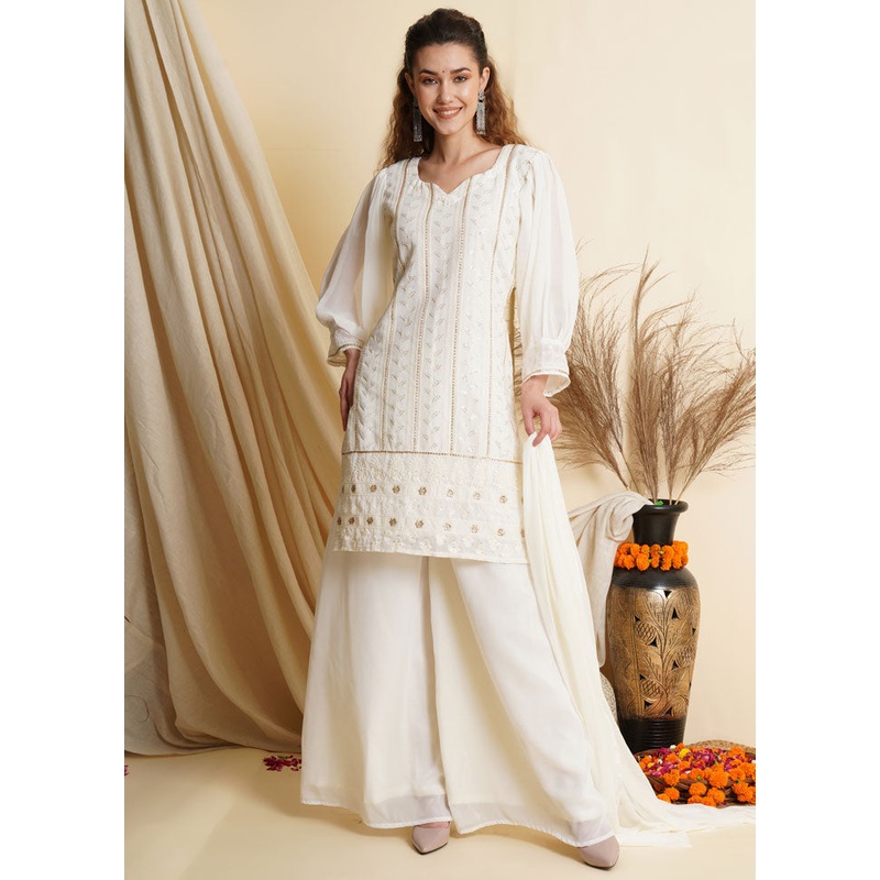 3 Pc Off White Unstitched Georgette Suit Set - JD986607295