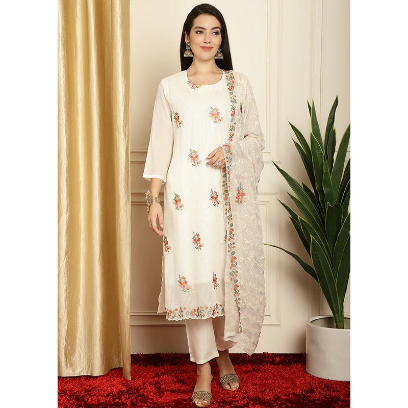 3 Pc Off White Unstitched Georgette Suit Set - JD986607297