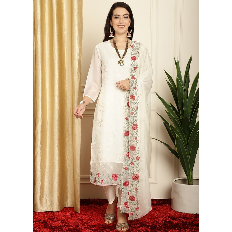 3 Pc Off White Unstitched Net Suit Set - JD986607296