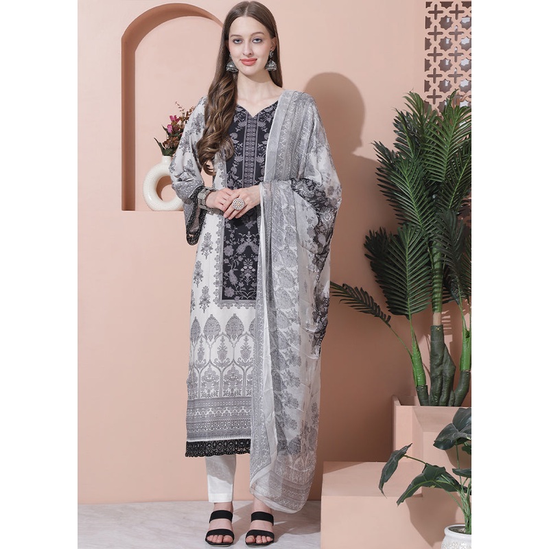 3 Pc Off White Unstitched Pure Cotton Suit Set - JD986607298