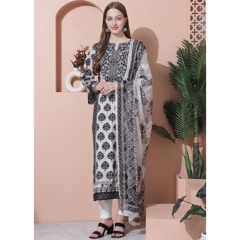 3 Pc Off White Unstitched Pure Cotton Suit Set - JD986607299