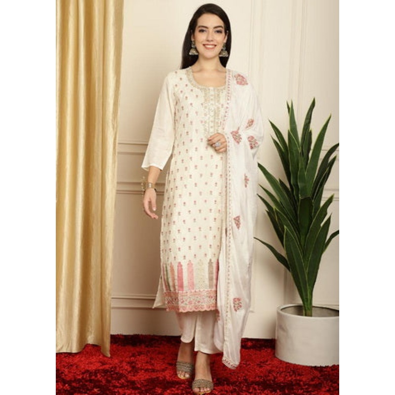3 Pc Off White Unstitched Pure Silk Suit Set - JD986607300