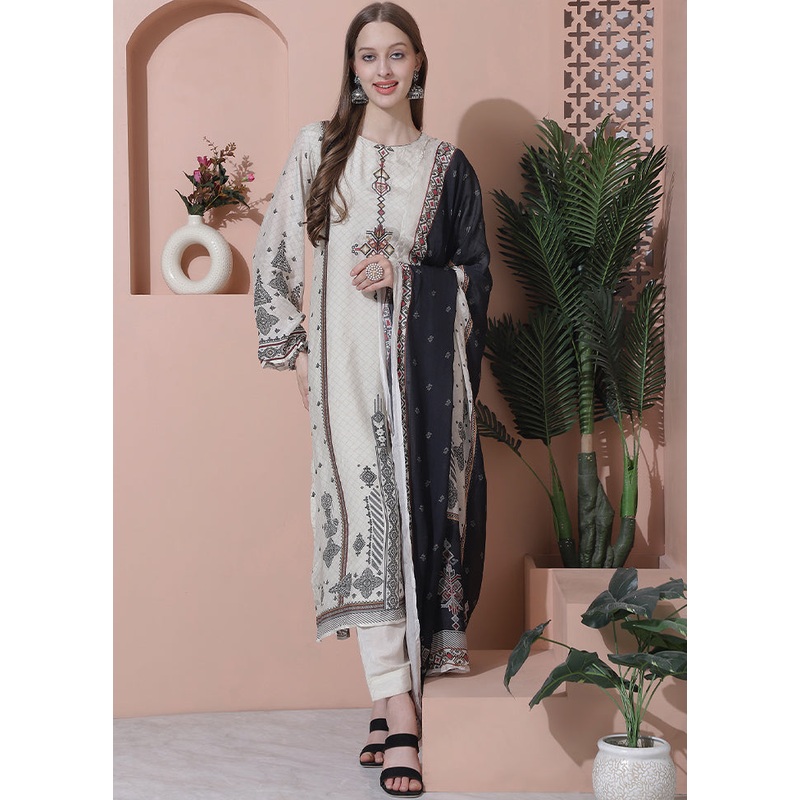 3 Pc Off White Unstitched Silk Suit Set - JD986607301
