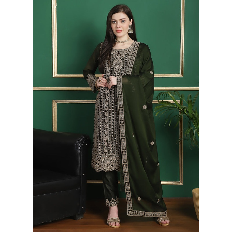 3 Pc Olive Green Unstitched Georgette Suit Set - JD986607303