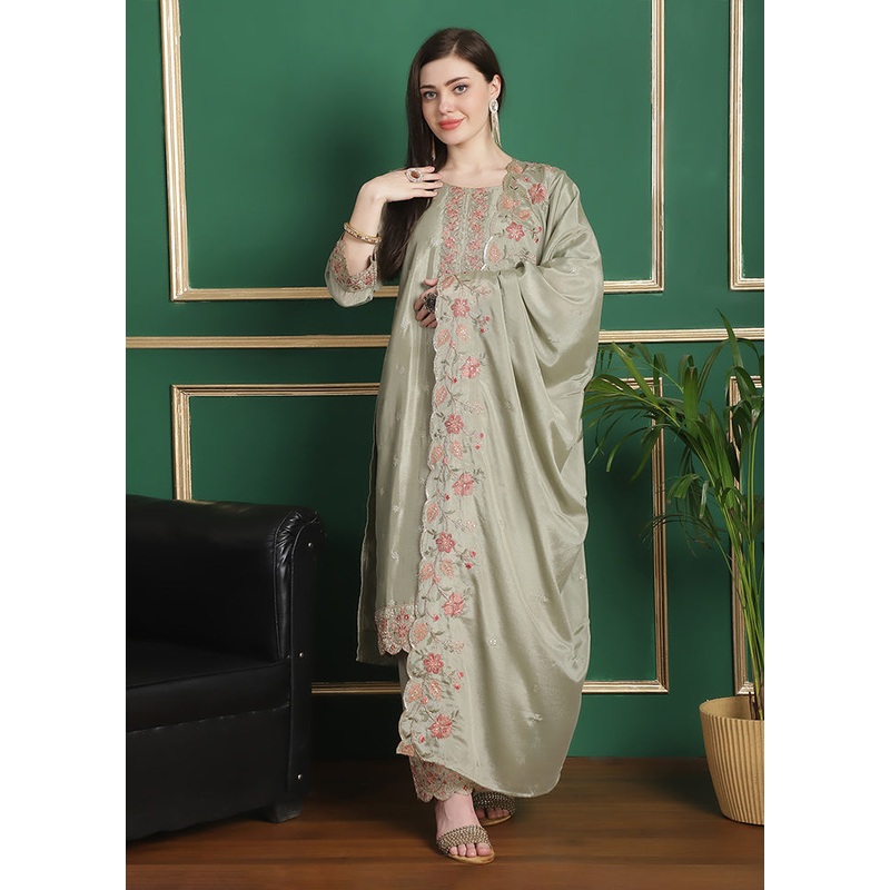 3 Pc Olive Green Unstitched Silk Suit Set - JD986607305