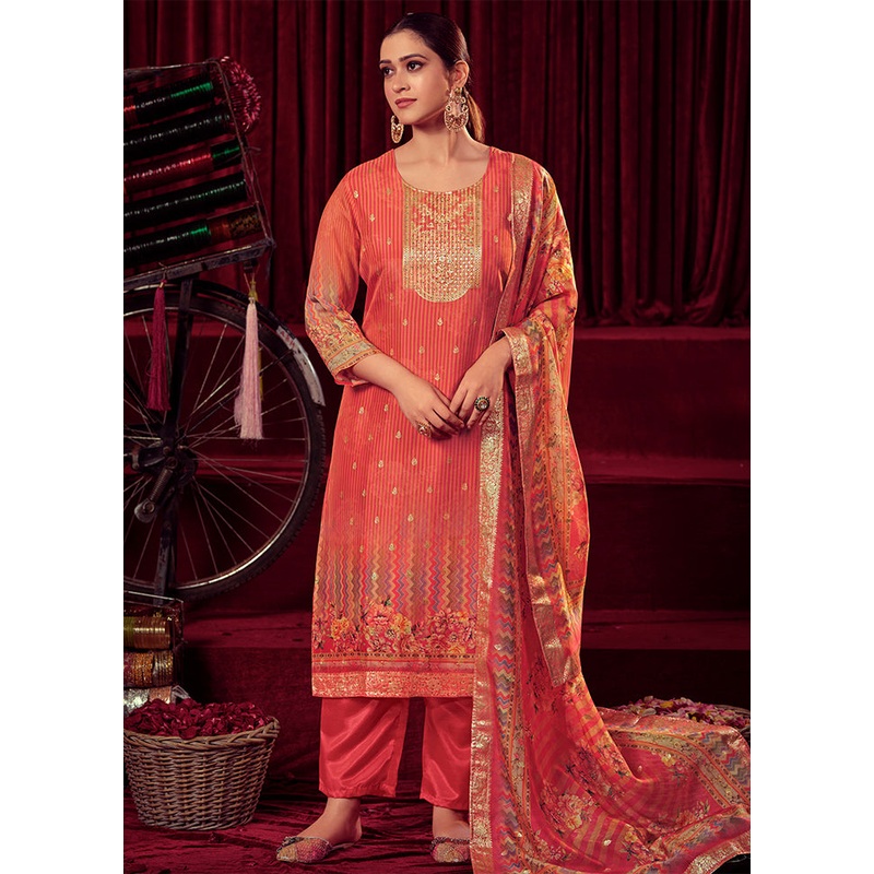 3 Pc Orange Unstitched Net Suit Set - JD986607306