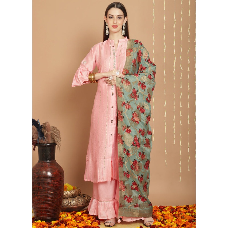 3 Pc Peach Unstitched Chanderi Suit Set - JD986607308