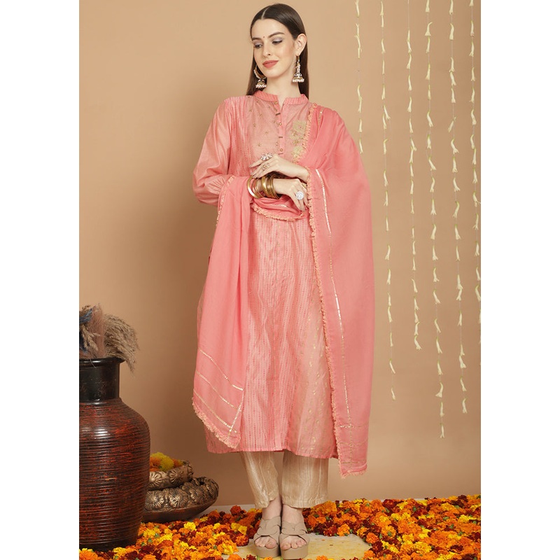 3 Pc Peach Unstitched Chanderi Suit Set - JD986607309