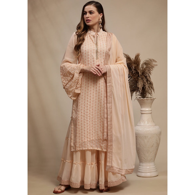 3 Pc Peach Unstitched Georgette Suit Set - JD986607310