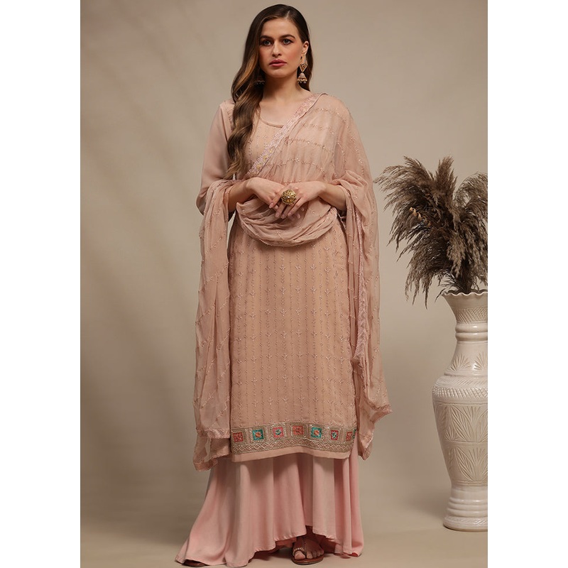 3 Pc Peach Unstitched Georgette Suit Set - JD986607311