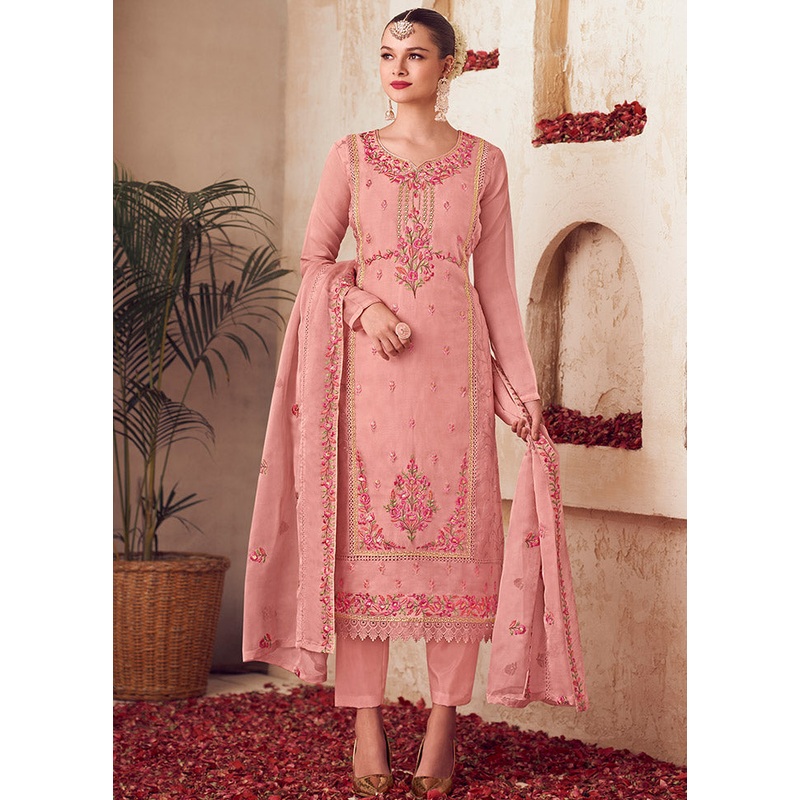 3 Pc Peach Unstitched Net Suit Set - JD986607312