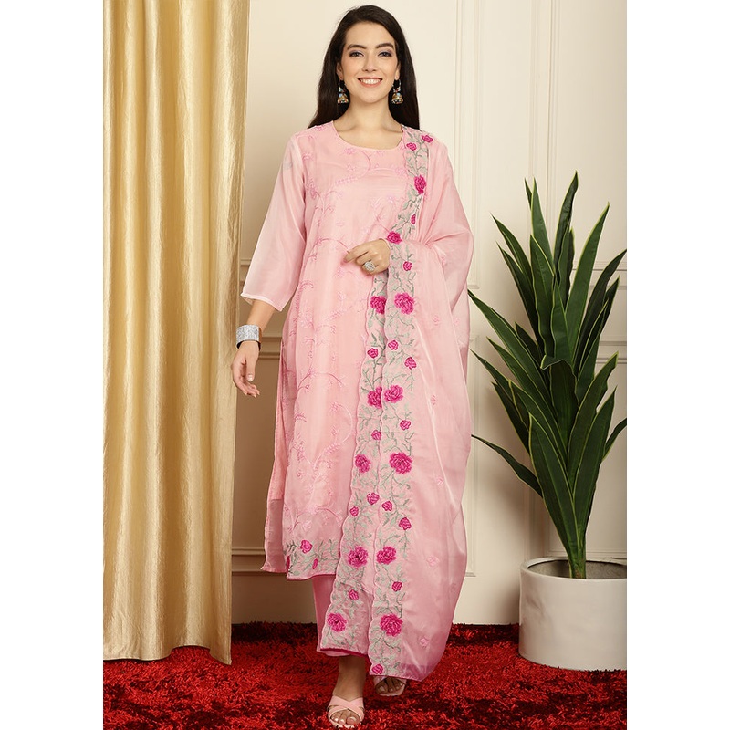 3 Pc Peach Unstitched Net Suit Set - JD986607313