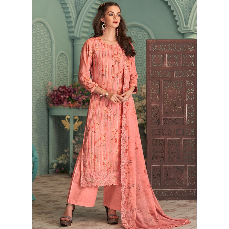 3 Pc Peach Unstitched Pure Silk Suit Set - JD986607314