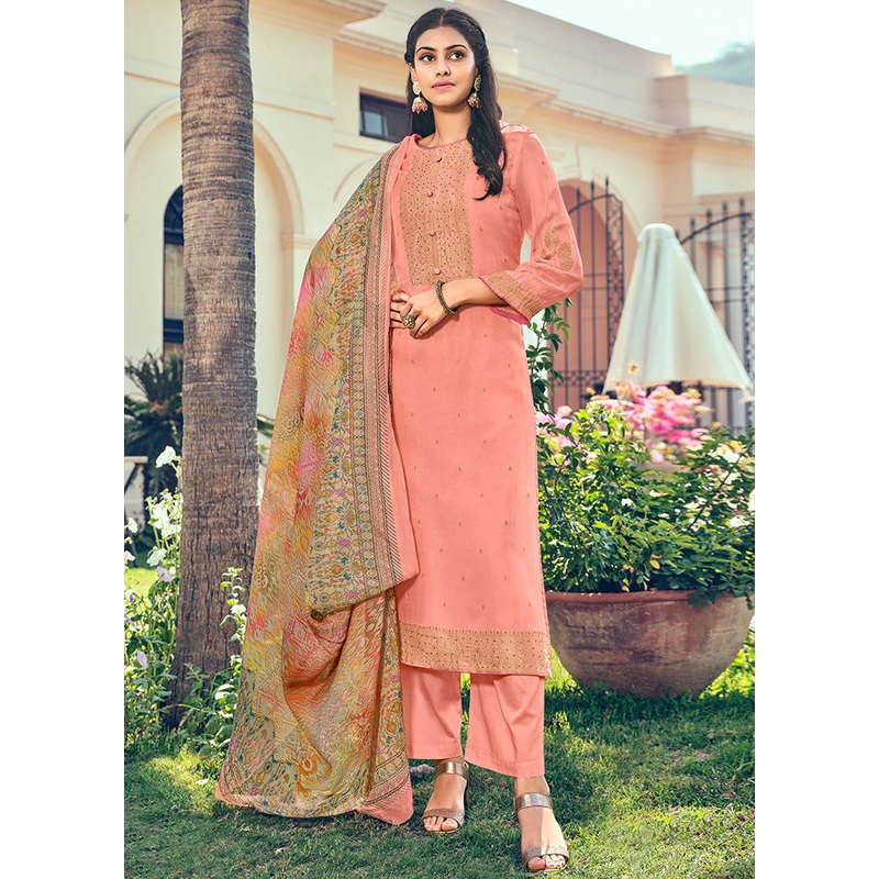 3 Pc Peach Unstitched Pure Silk Suit Set - JD986607315