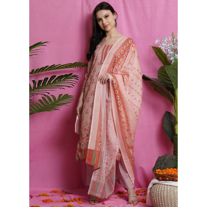 3 Pc Peach Unstitched Silk Suit Set - JD986607316