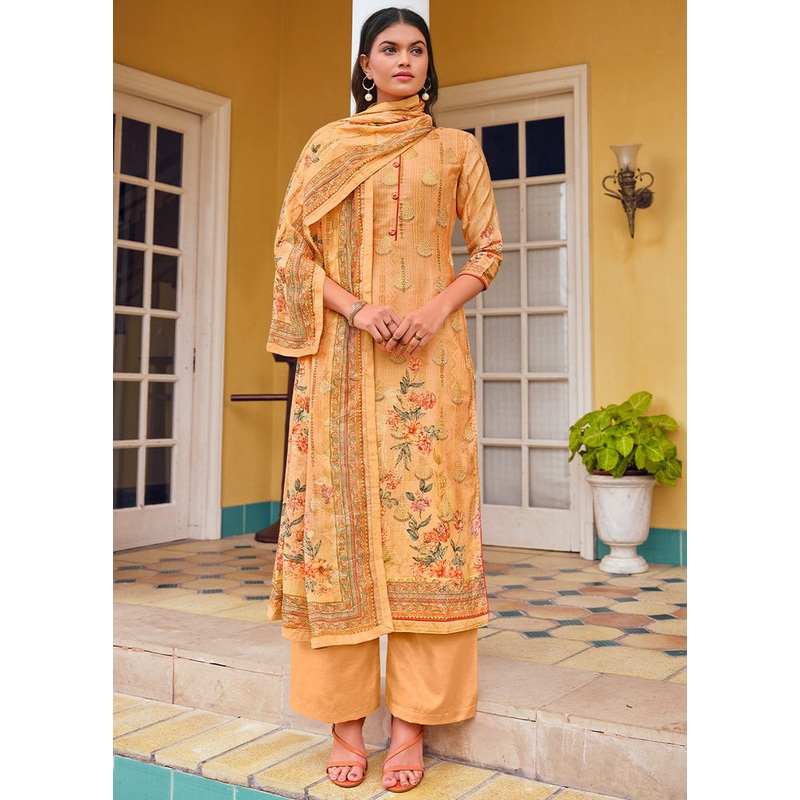 3 Pc Peach Unstitched Silk Suit Set - JD986607317