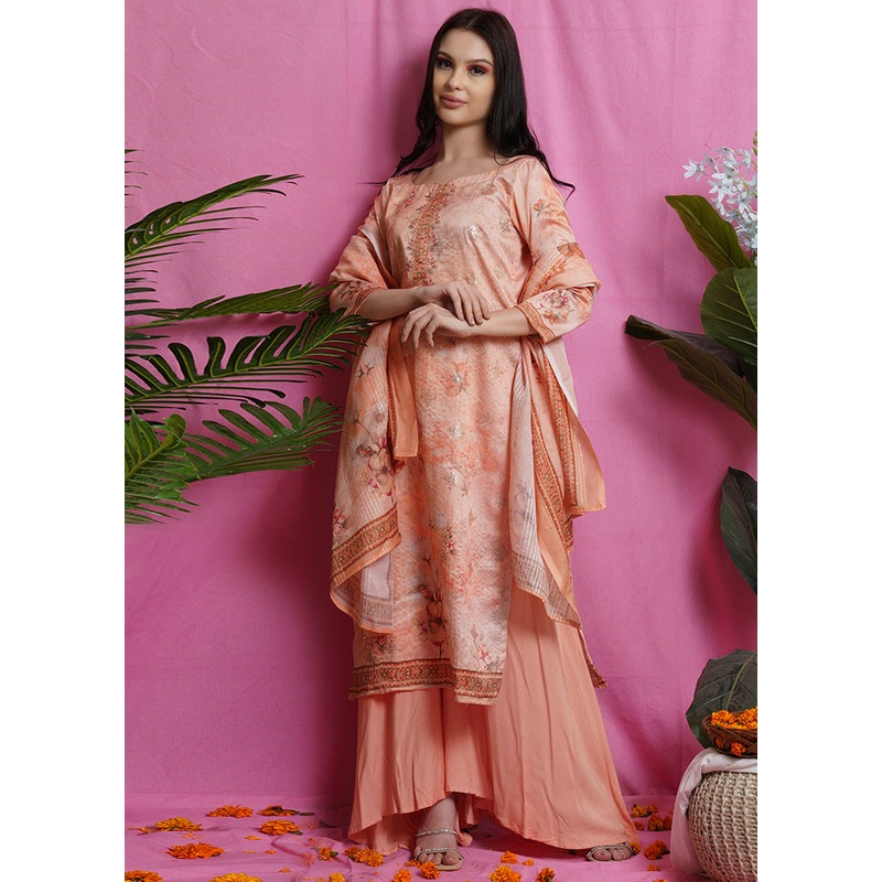 3 Pc Peach Unstitched Silk Suit Set - JD986607318