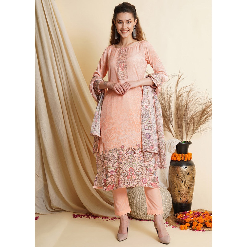 3 Pc Peach Unstitched Silk Suit Set - JD986607319