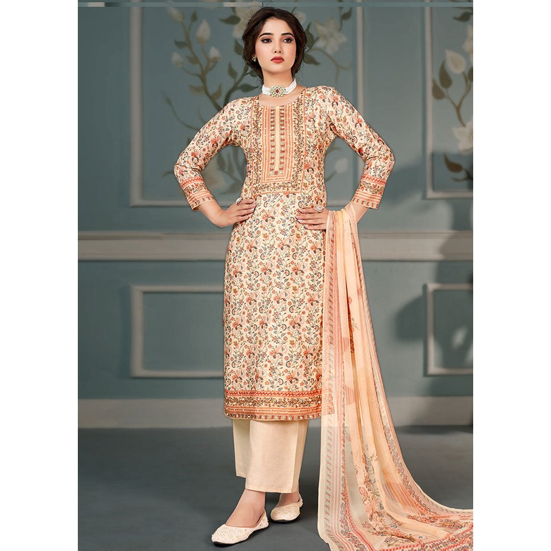 3 Pc Peach Unstitched Silk Suit Set - JD986607320