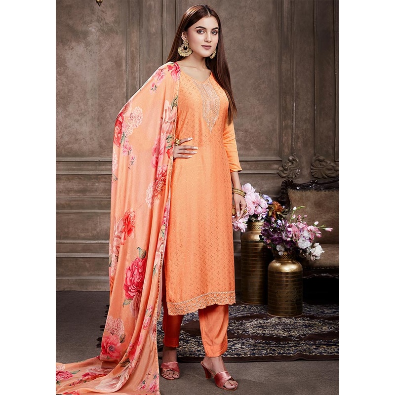 3 Pc Peach Unstitched Silk Suit Set - JD986607321