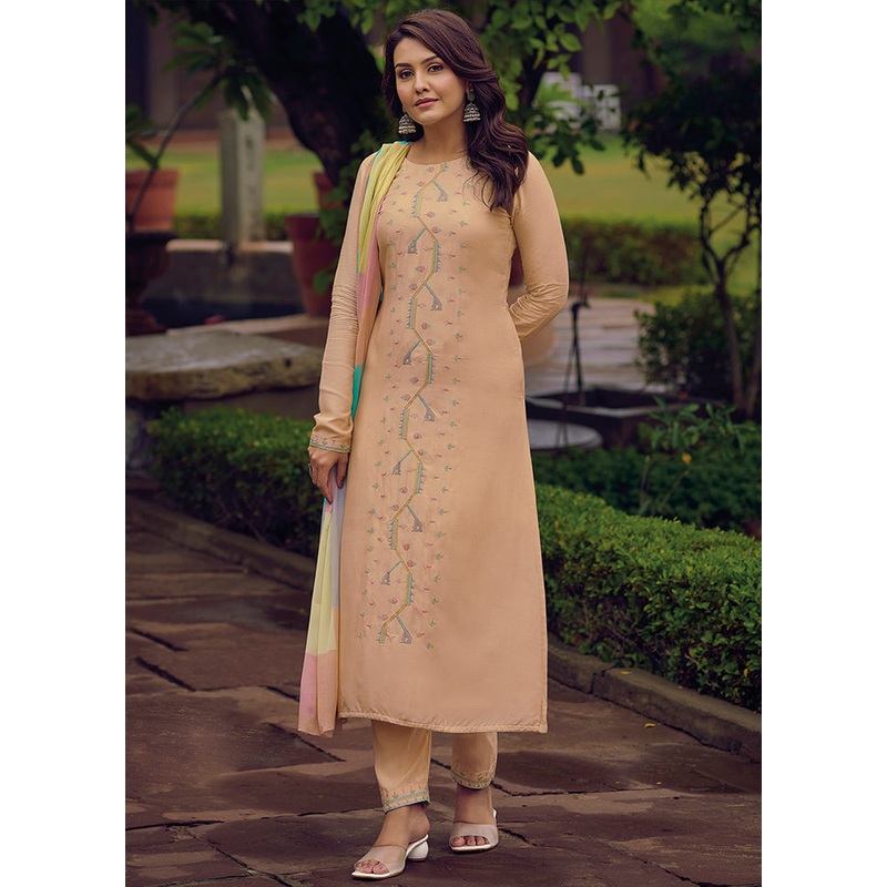 3 Pc Peach Unstitched Silk Suit Set - JD986607322
