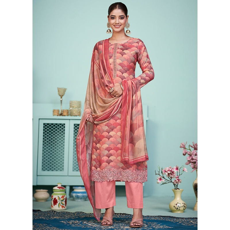 3 Pc Peach Unstitched Silk Suit Set - JD986607323