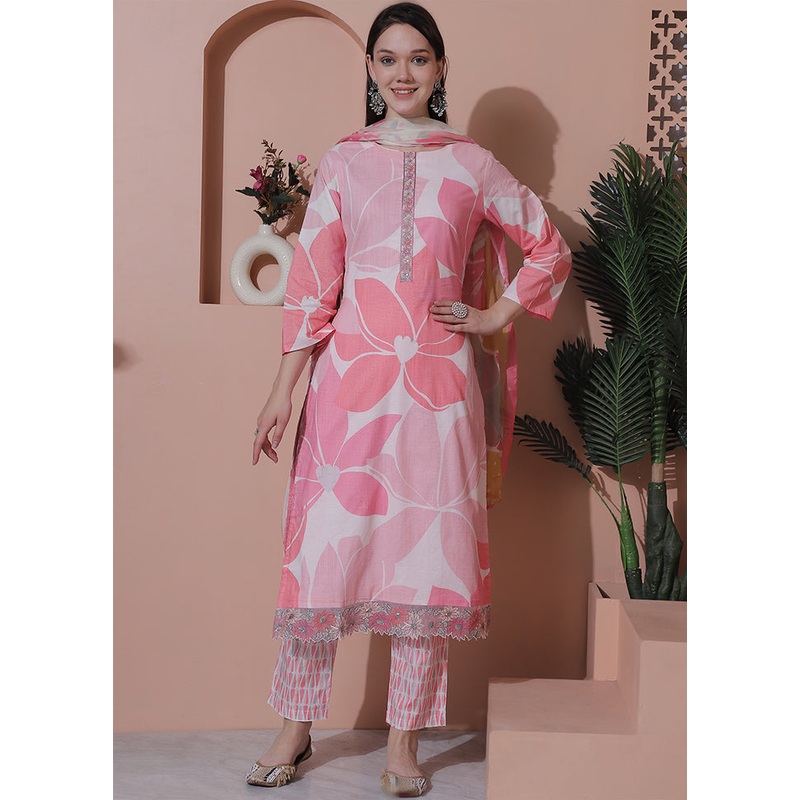 3 Pc Pink Unstitched Cotton Suit Set - JD986607327