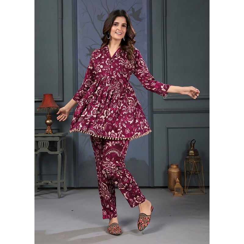 2 Pc Burgundy Readymade Rayon Coord Set - JD986606978