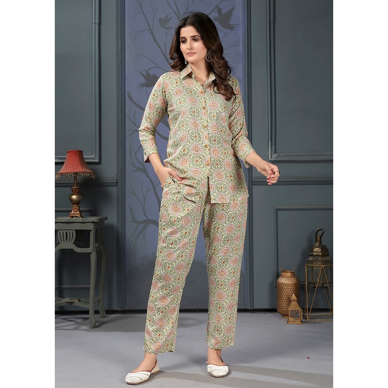 2 Pc Pista Green Readymade Rayon Coord Set - JD986606972