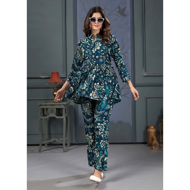 2 Pc Teal Readymade Rayon Coord Set - JD986606971