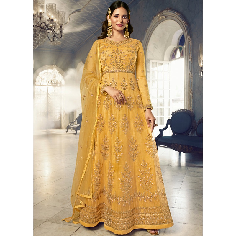 2 Pc Yellow Net Ethnic Dress With Dupatta - JD986607057