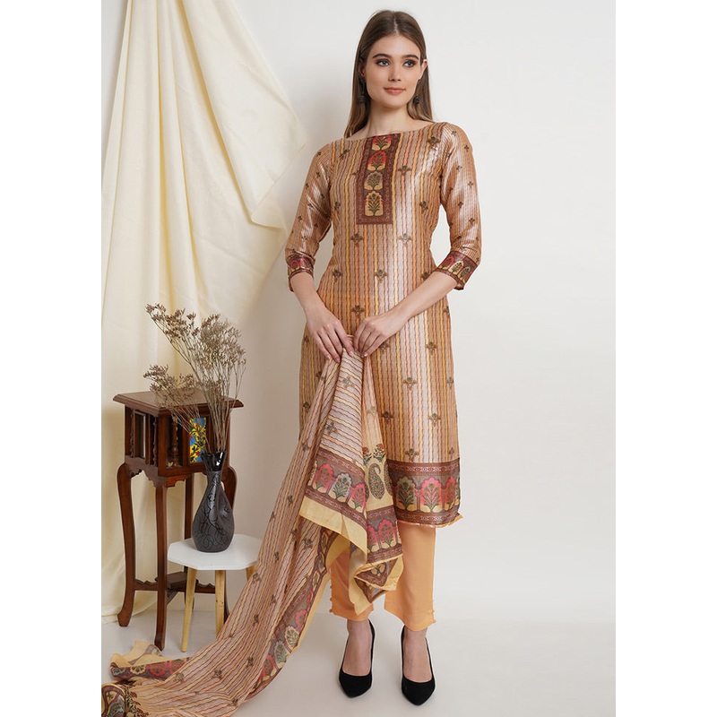 3 Pc Beige Floral Unstitched Salwar Suit Set - JD986607055