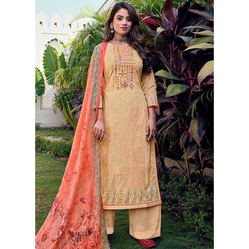 3 Pc Beige Unstitched Cotton Suit Set - JD986607053