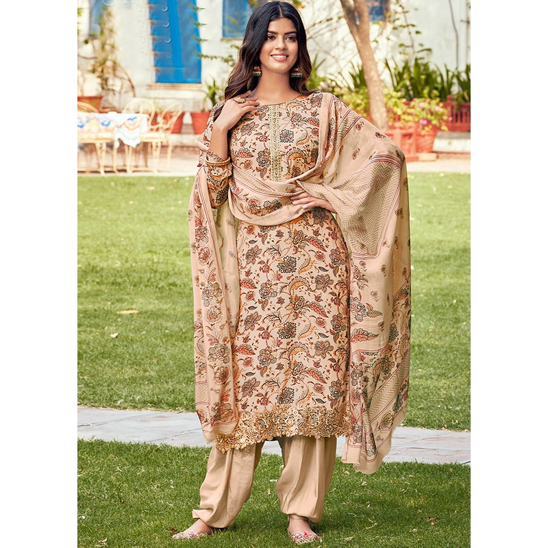 3 Pc Beige Unstitched Crepe Suit Set With Dupatta - JD986607045