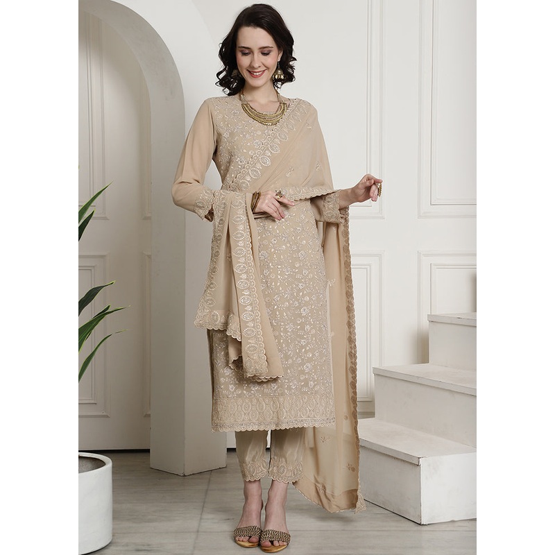 3 Pc Beige Unstitched Georgette Suit Set - JD986607089