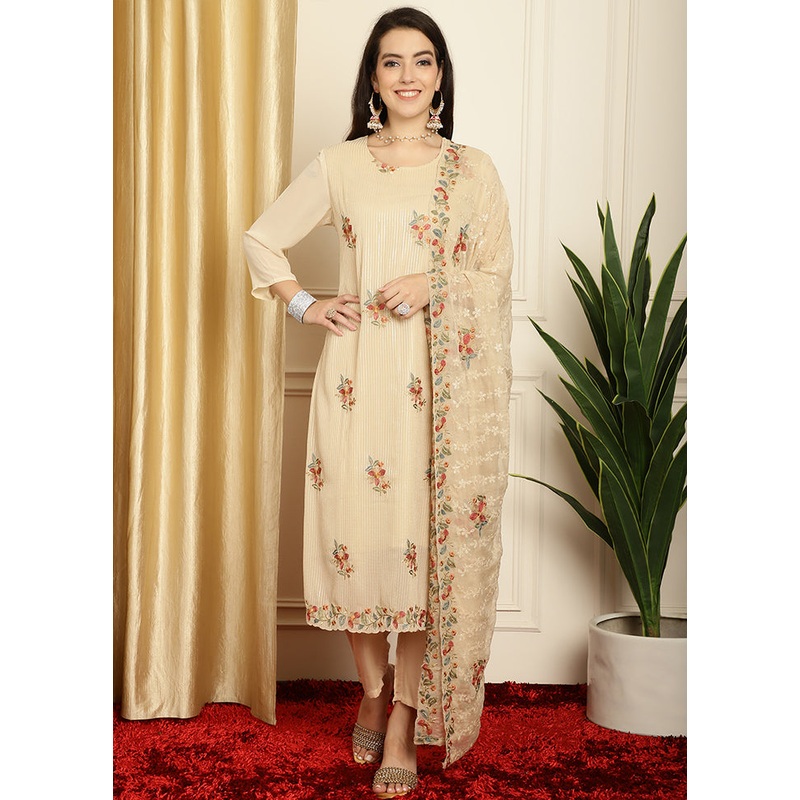 3 Pc Beige Unstitched Georgette Suit Set - JD986607090