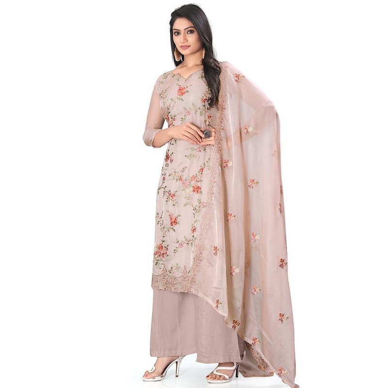 3 Pc Beige Unstitched Net Suit Set - JD986607059