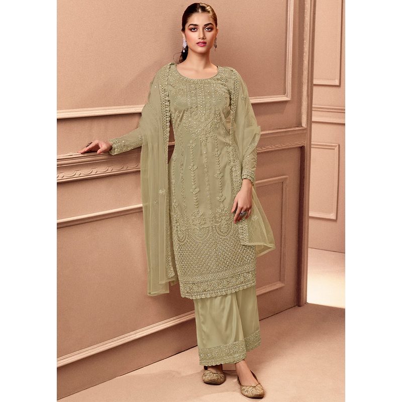 3 Pc Beige Unstitched Net Suit Set - JD986607091