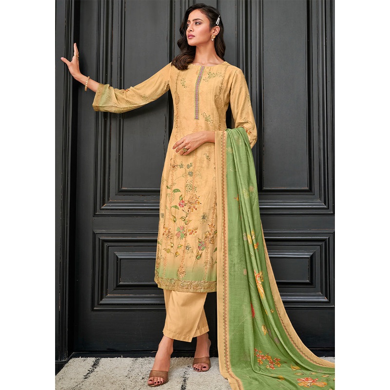 3 Pc Beige Unstitched Pure Silk Suit Set - JD986607092
